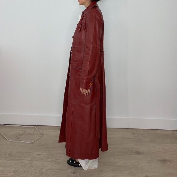 deep red leather trench coat S - Picture 3 of 11